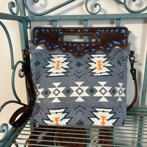 Blue Tooled Leather Aztec Rug Bag Upcycled Canvas Western Boho Purse Bhrayna
